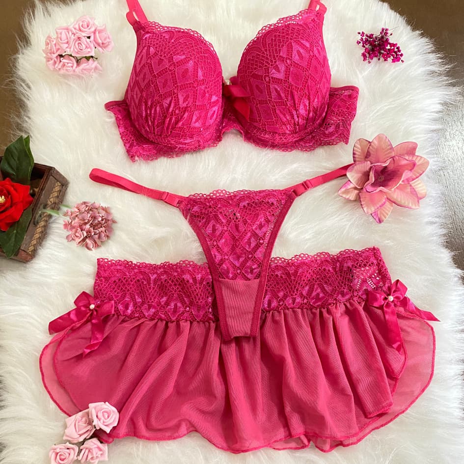 Conjunto Trio Serena Lingerie Com Bojo Sensual Roupa Intima com Saia Calcinha fio dental e Sutia soutien langerie de luxo