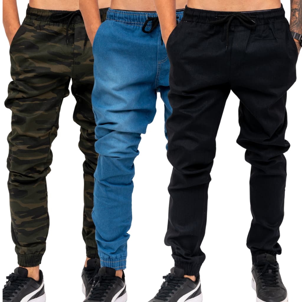 Kit 3 Calças Jeans Camuflada Masculina Jogger C/ Punho Lycra