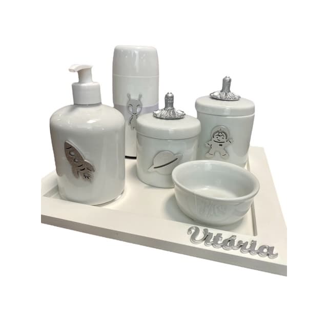 Kit higiene porcelana astronauta com bandeja reta e nome para decoração