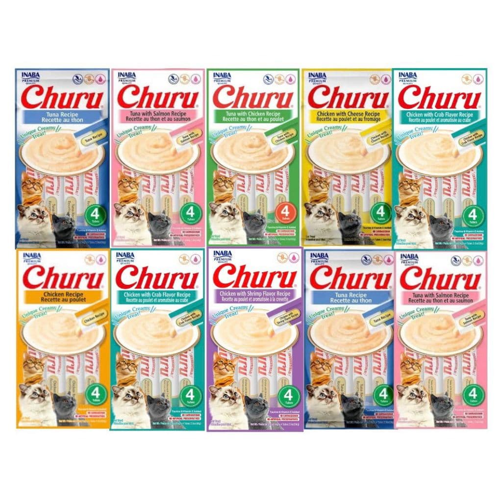 Petisco para Gatos Purê Churu Inaba Kit com 10 9 8 7 Pacotes Variados 56g cada original promoção