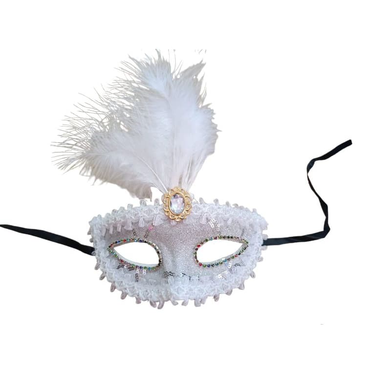 máscara veneziana branca luxo com penas brancas para festa fantasia baile carnaval
