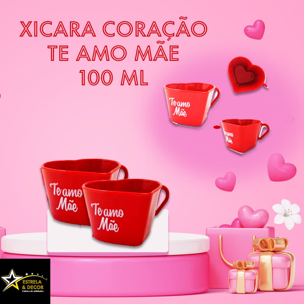 KIT 30 XÍCARAS CORAÇÃO (VERMELHA)  TE AMO MÃE CHÁ CAFÉ PRESENTE DIA DAS MÃES 100 ML ACRÍLICO