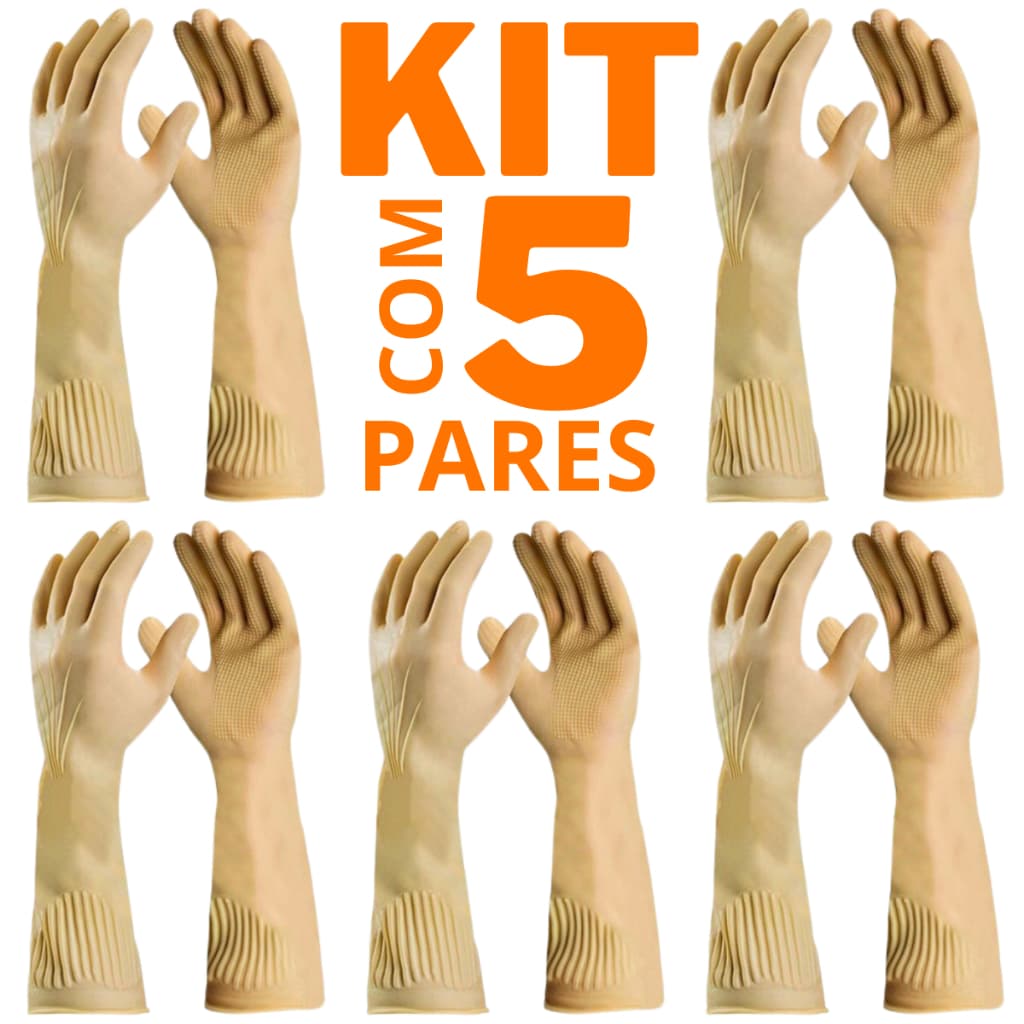 5 Pares Luva De Borracha Grossa Cano Longo Limpeza Pesada 45cm Palma Antiderrapante