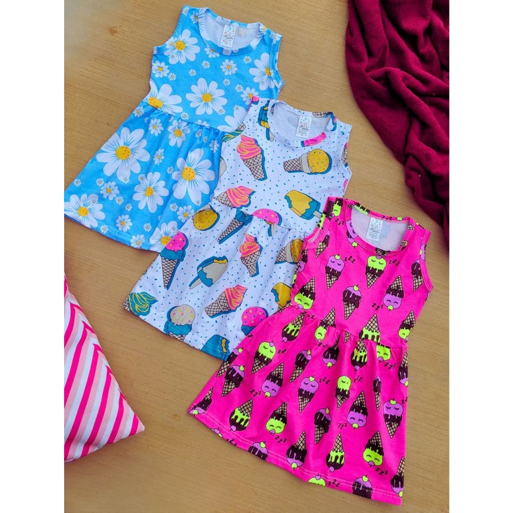kit com 3 vestidos para meninas estampado estilo gode verão