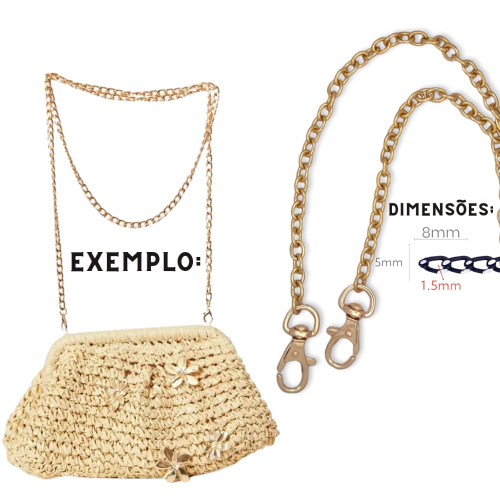 Alça Corrente Dourada, Prata ou Grafite para Necessarie e Bolsas Pequenas 1,00 ou 1,20 metro