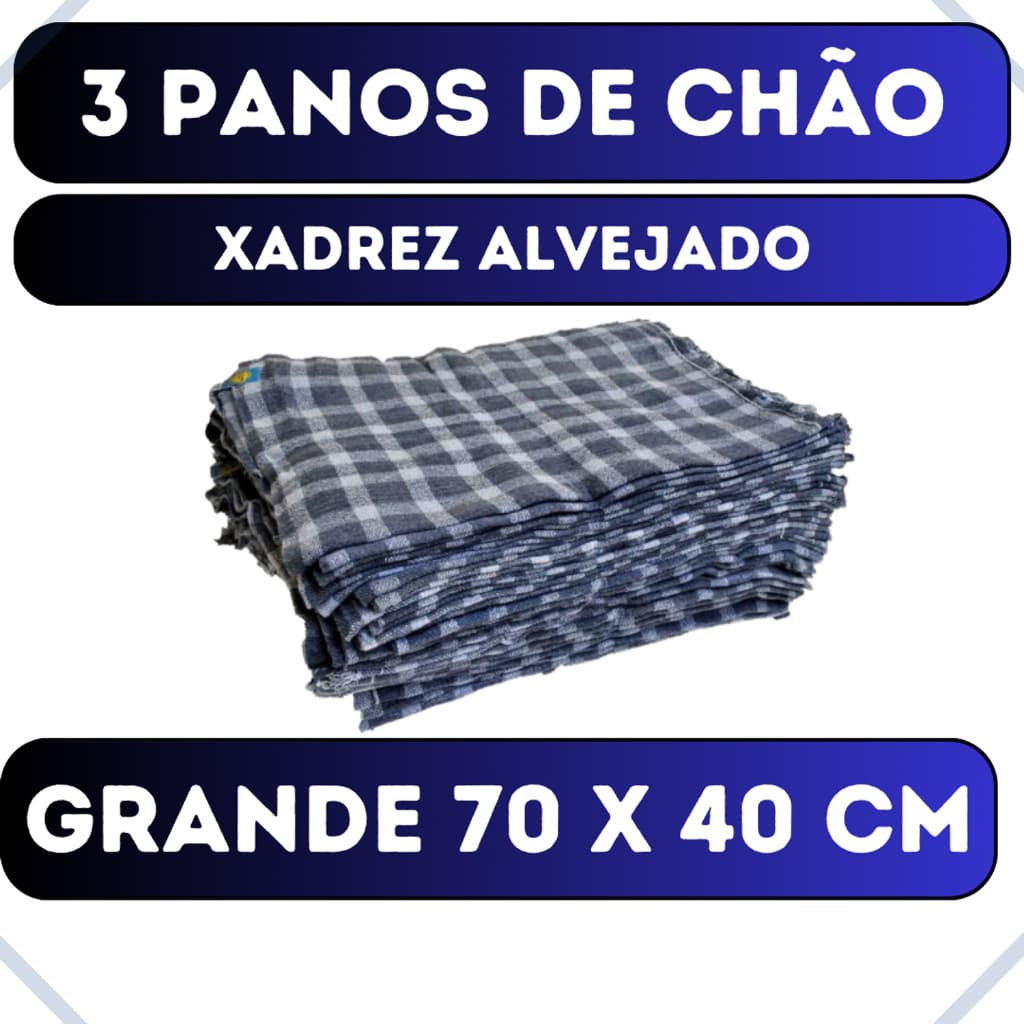 Kit com 3 Panos de Chão Grande 70x40cm - Saco Duplo Xadrez Azul Alvejado - Neves - Revenda - EV