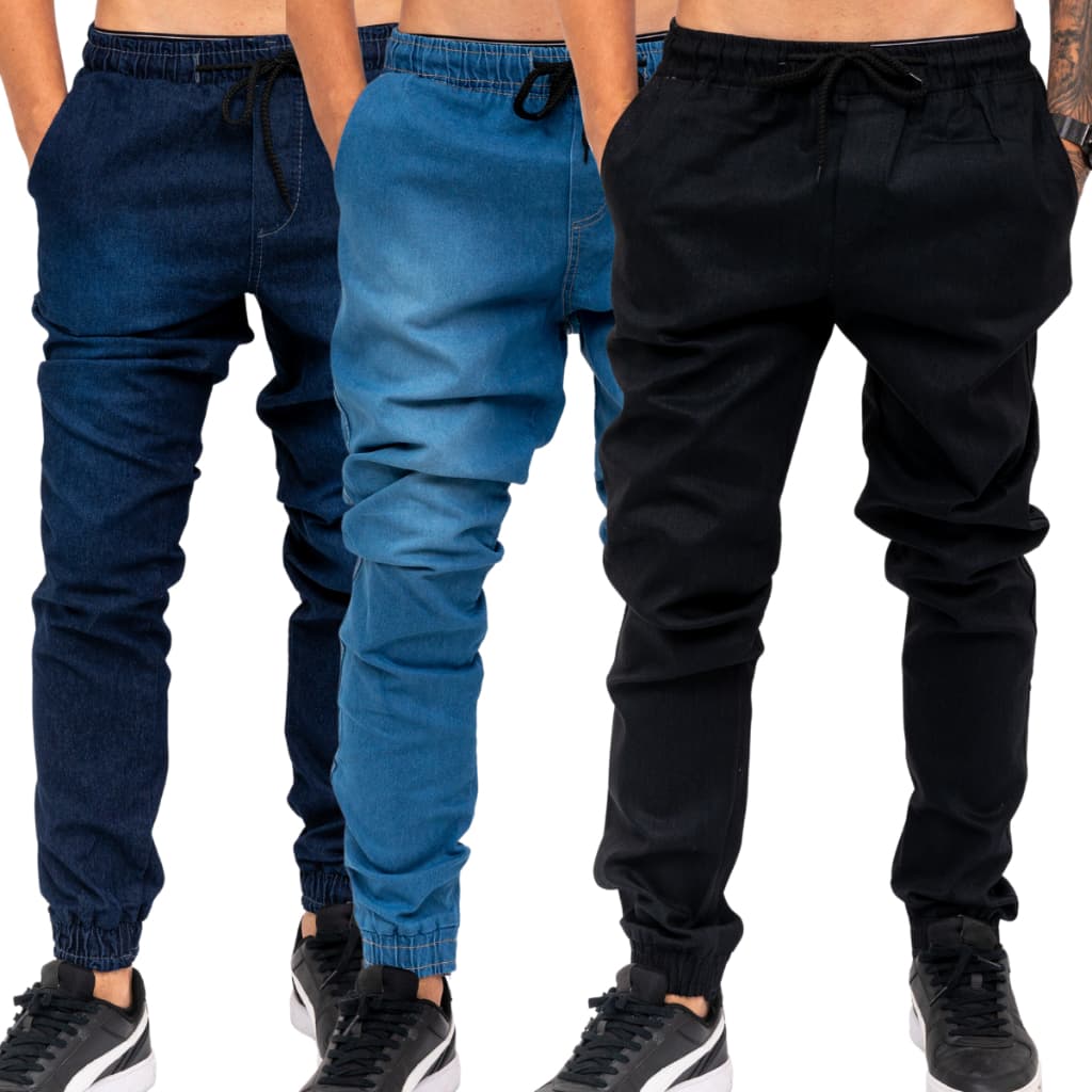 Kit 3 Calças Jogger Masculina Jeans e Sarja C/ Punho Lycra