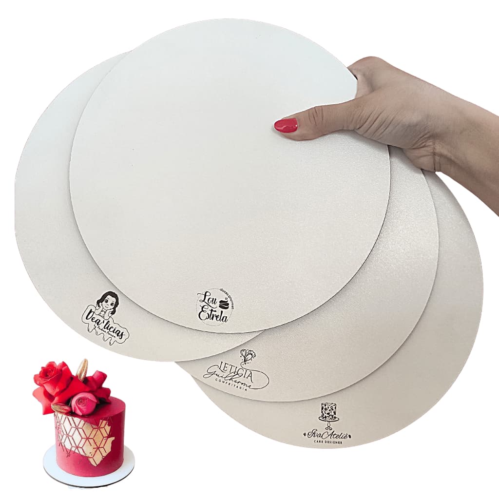 Kit 10 Cake Board Personalizado com Logo MDF Branco 3mm Confeitaria Frios Tabuleiro Bolo Varios Tamanhos Liso Cakeboard