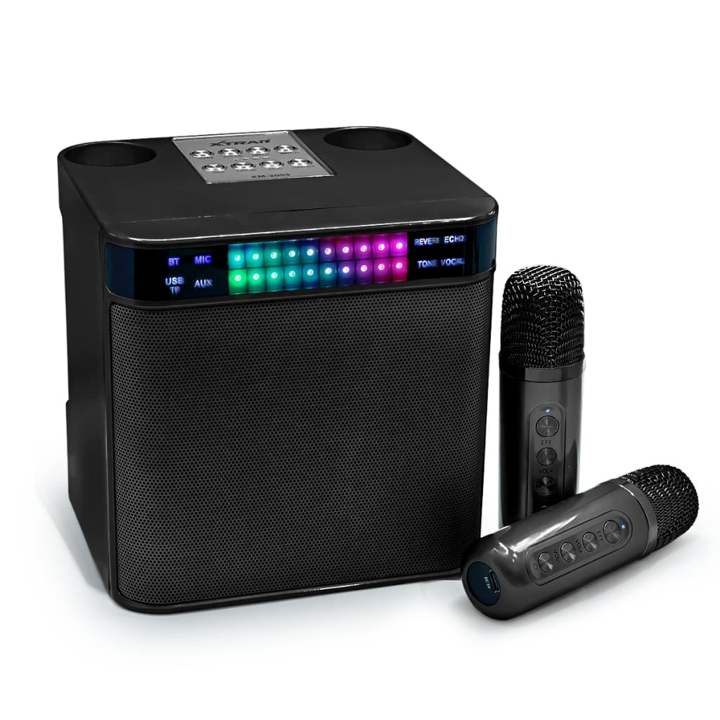 Caixa de Som Bluetooth Karaokê Com Dois Microfones Sem fio Efeitos de Voz Portátil Recarregável RGB Xtrad