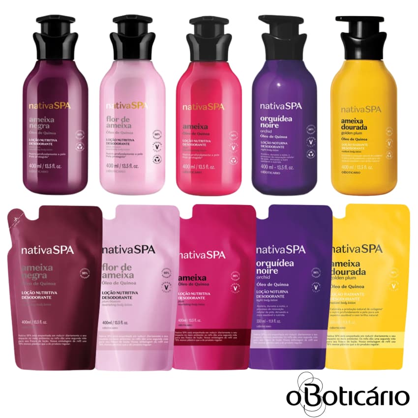 Loção Hidratante Corporal Nativa Spa (o Boticário): Ameixa Negra, Orquídea Noire, Cereja Rouge, Lilac, Uva Merlot e mais