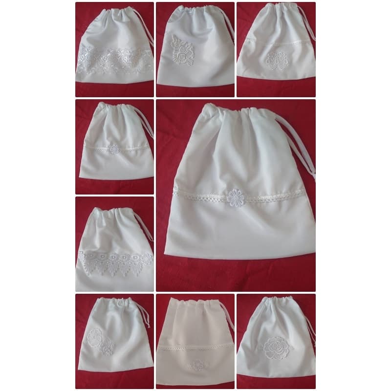 1 porta véu tamanho +- 18 x 25 cm c/ modelos variados - tecido seda fake e enfeitados com rendinhas variadas.