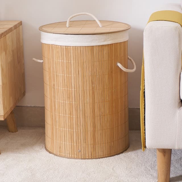 Cesto Bambu Redondo Forrado Para Casa - Roupas Sujas Banheiro Lavanderia