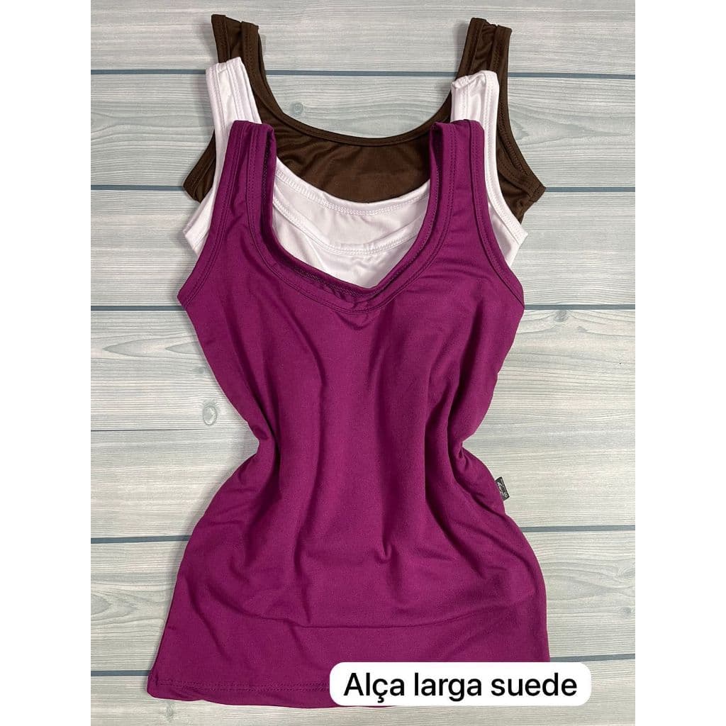 Kit 3 Blusa Feminina Regata de Alça Larga Alça Grossa Básica Malha Suede