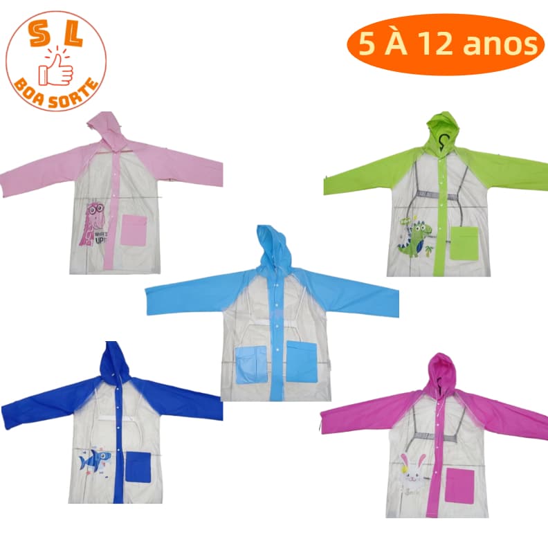 Capa de Chuva Infantil Juvenil Tamanhos 5 À 12 Anos Capuz Bolsos Resistente Menino Menina Reforçada