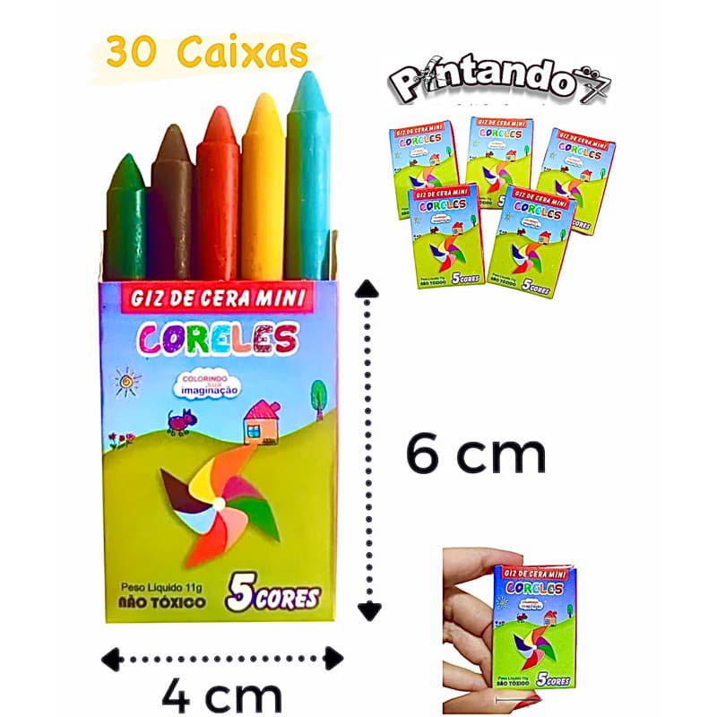 Kit 30 Cxs Mini Giz de cera 5 cores