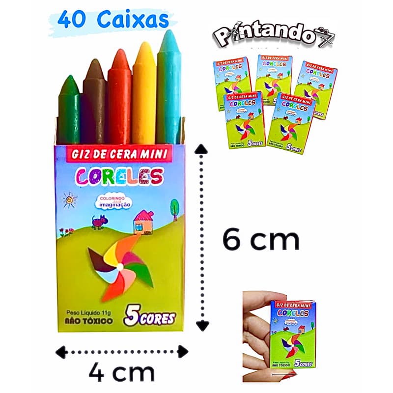 Kit 40 Cxs Mini Giz de Cera 5 cores 6cm