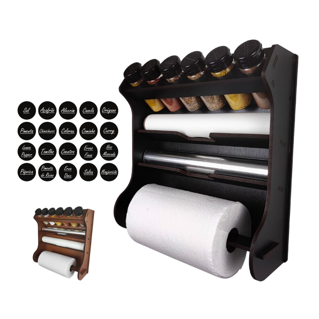 Porta Tempero Parede 6 Potes com Porta Papel Toalha e Papel Alumínio.