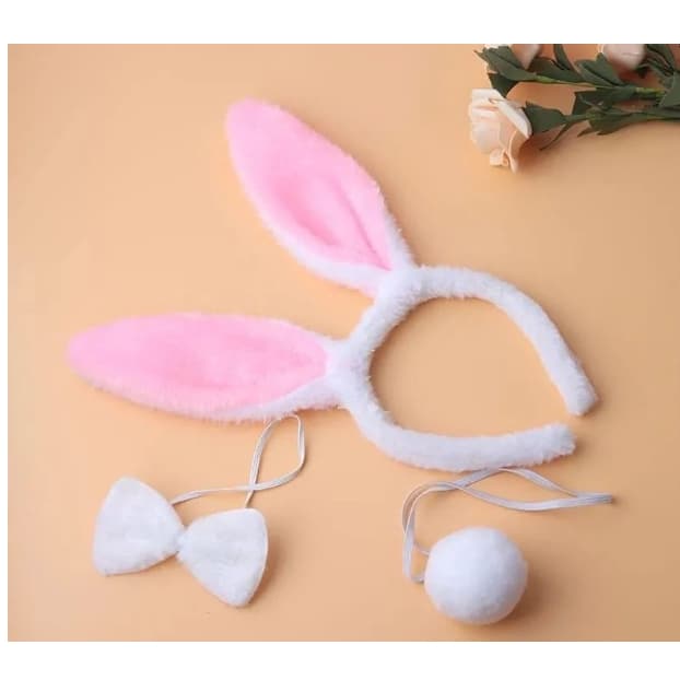 Tiara Coelhinho Com Laço e Rabinho Rosa com branco