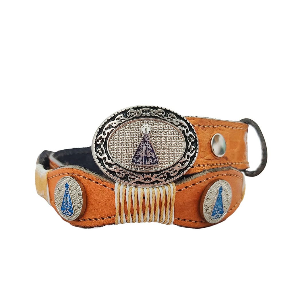 Cinto de couro infantil Nossa Senhora Aparecida trançado com apliques