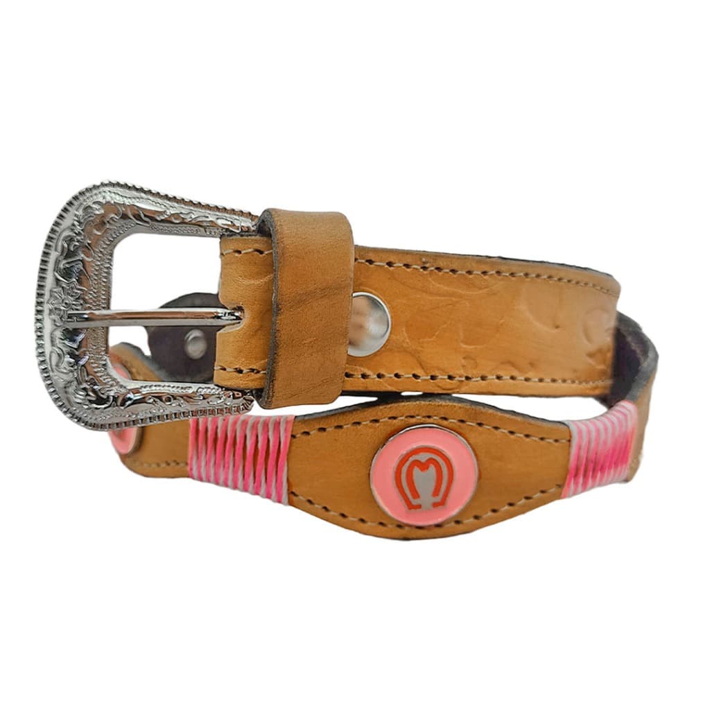 cinto inafantil feminino de couro country mangalarga trançado artesanal com apliques rosa
