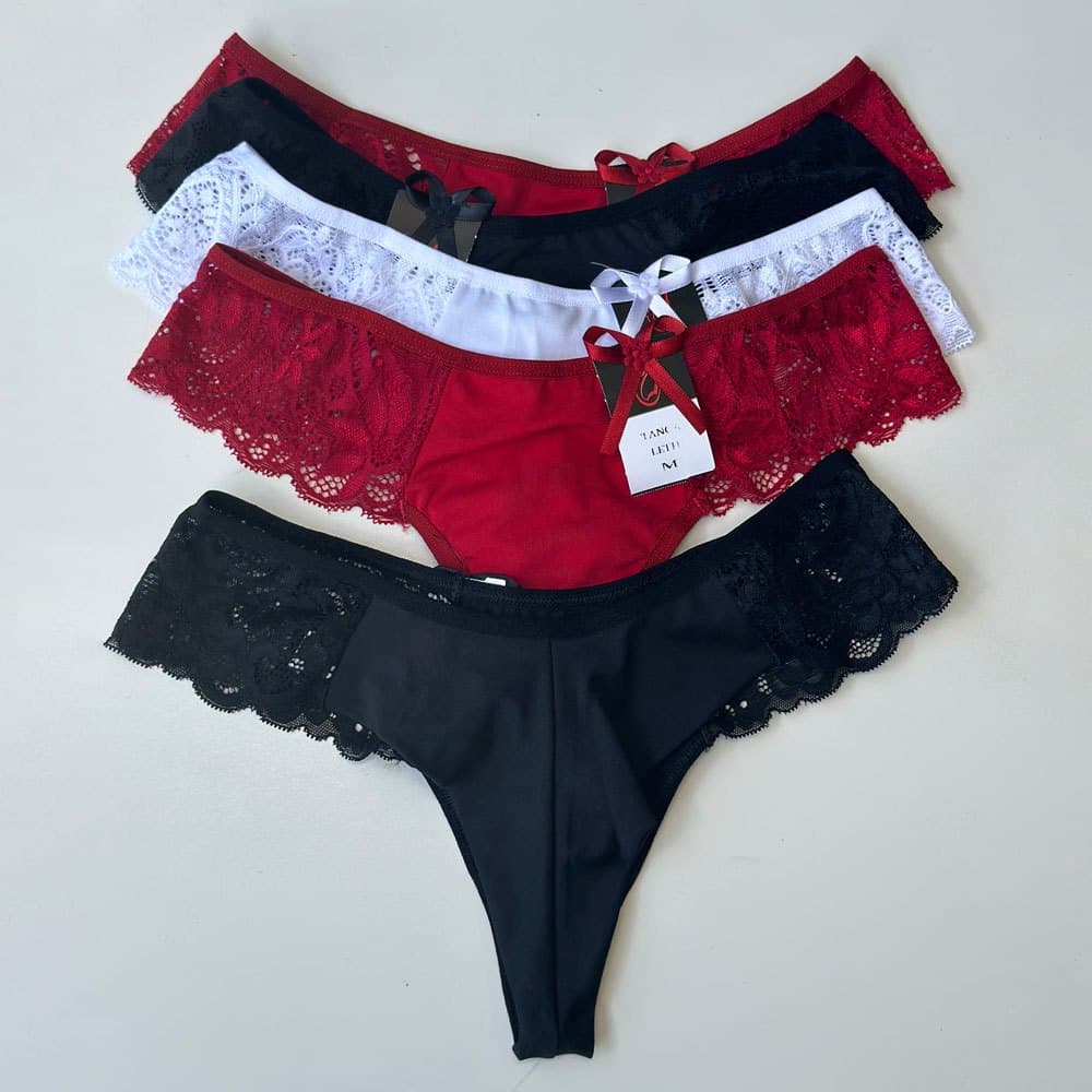 Kit 5 Calcinhas Tangas de Microfibra Fio Duplo com Renda CL1043
