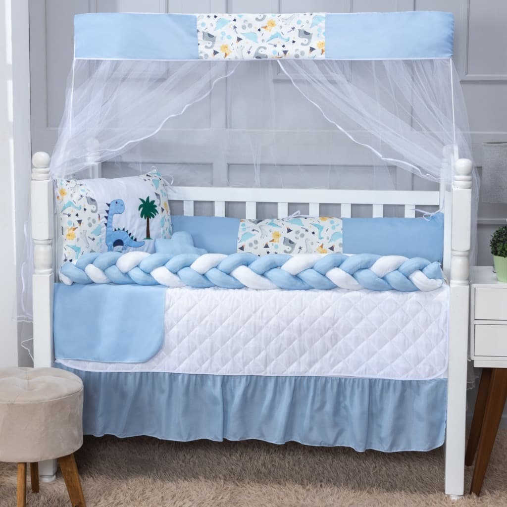 Kit Berço Dino Azul 07 Peças Americano e Nacional Menino e Menina Com Protetor Lateral e Trança