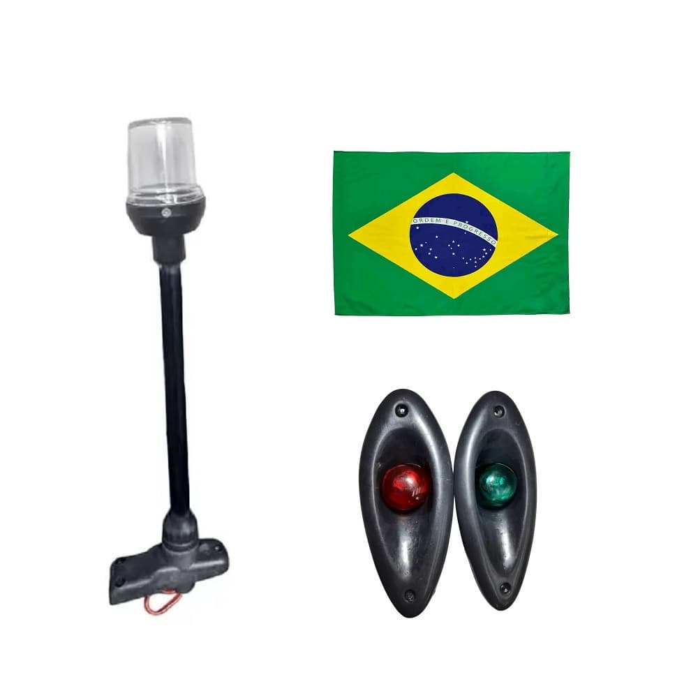 Kit Luzes de Navegação: Olho de Tubarão Preto Led + Mastro Retrátil Preto 40 cm em Led Alcançado Fundeio + Bandeira do Brasil - Para Barcos Lanchas e Veleiros