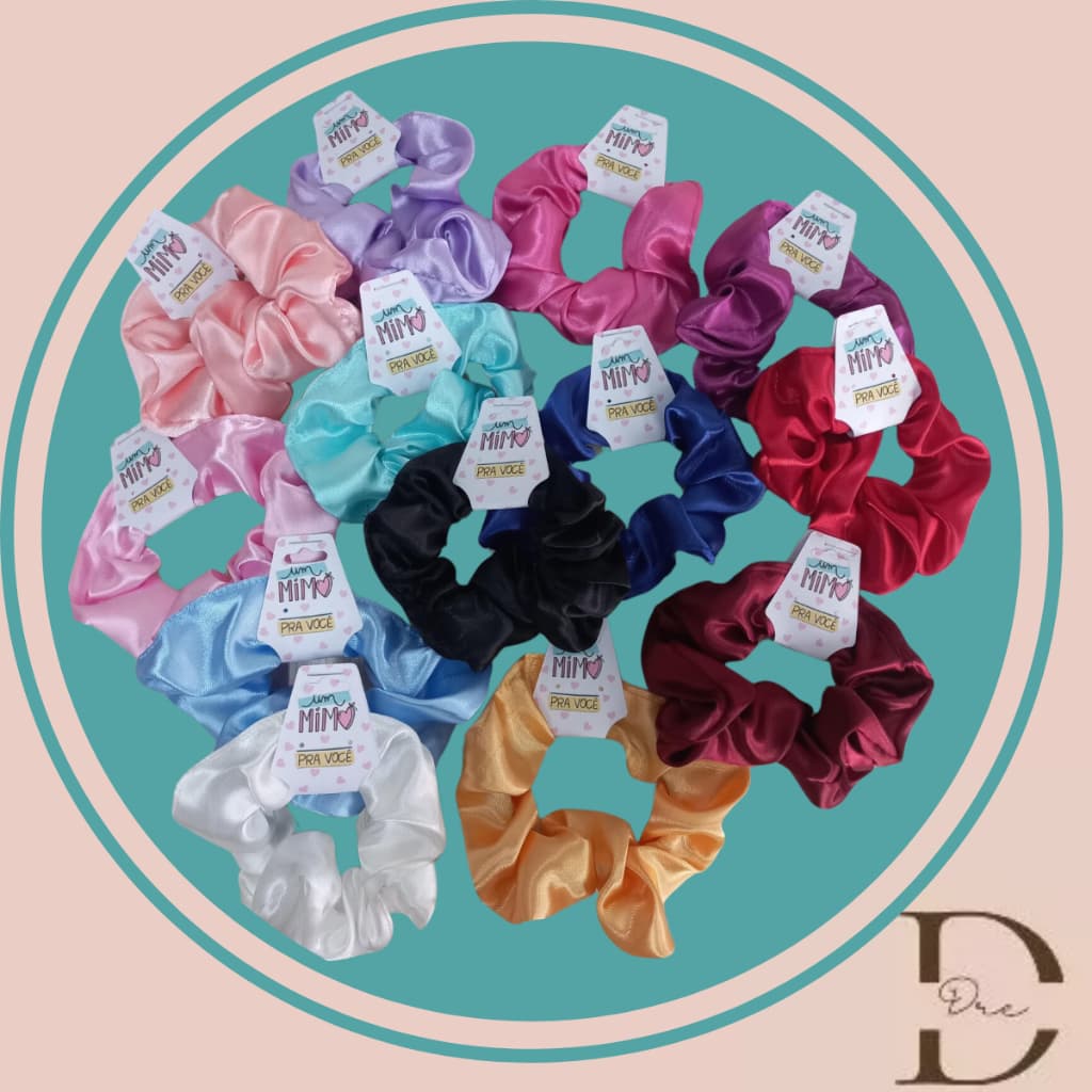 kit 15 un. Scrunchies com tag ''um mimo para você''- Xuxinhas rabicó Laço de Cabelo em Cetim anti frizz.