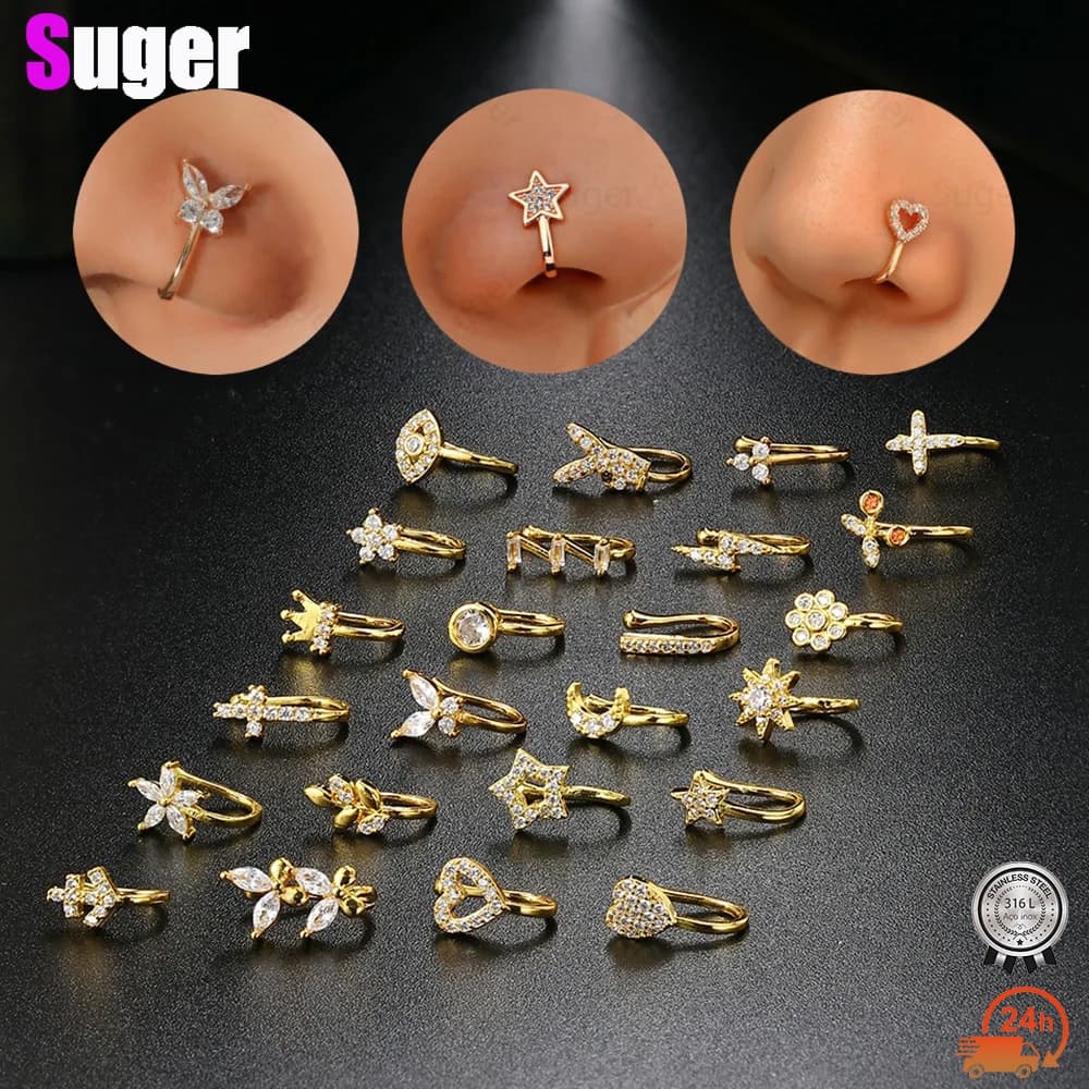 Clipe De Nariz De Coroa Em Formato De U Com Zircônia Incrustada Sem Furo  falso piercing nariz anel