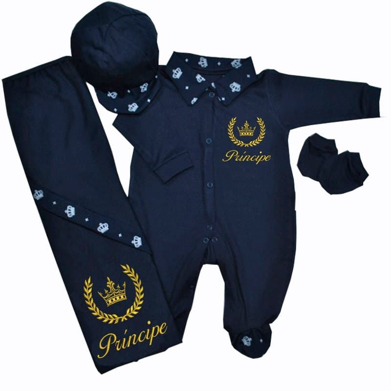 Saída Maternidade Bebê Menino Coroa Príncipe 04 Peças 100% Algodão