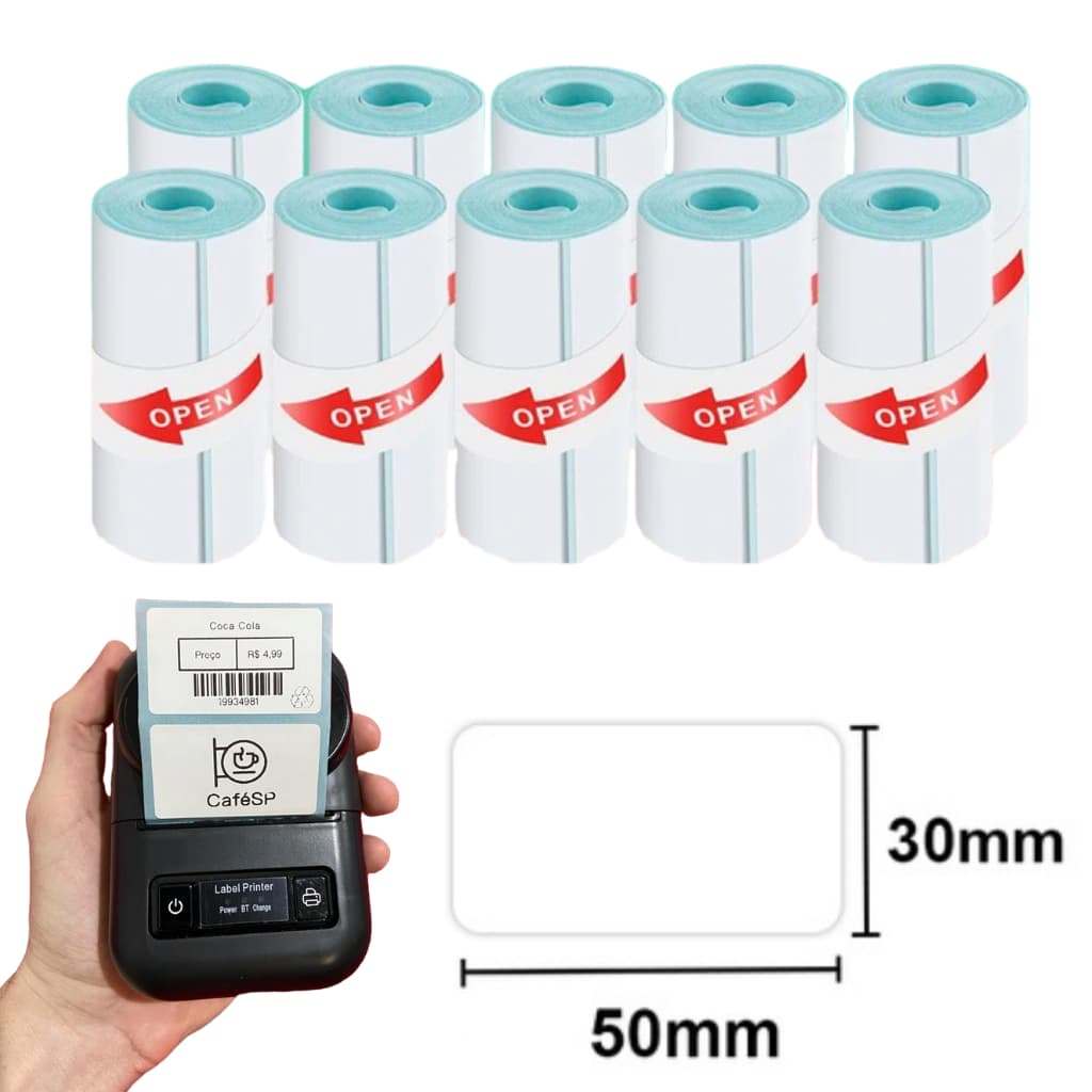 Bobina Etiqueta Térmica Adesiva 50x30mm 5x3cm Compatível Com Impressoras Térmicas (1Coluna) Rolo 100 Etiquetas cada Rolo