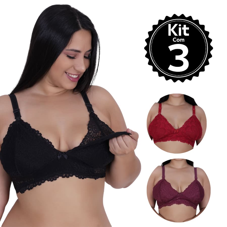 kit 3 Sutiã Amamentação Plus Size Reforçado Renda Gestante Top Maternidade