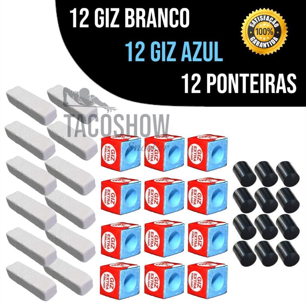 Kit Para Reparo de Sinuca Bilhar 12 Ponteiras Virola Rista 12 Giz Azul 7 Belo 12 Giz Branco Quadrado