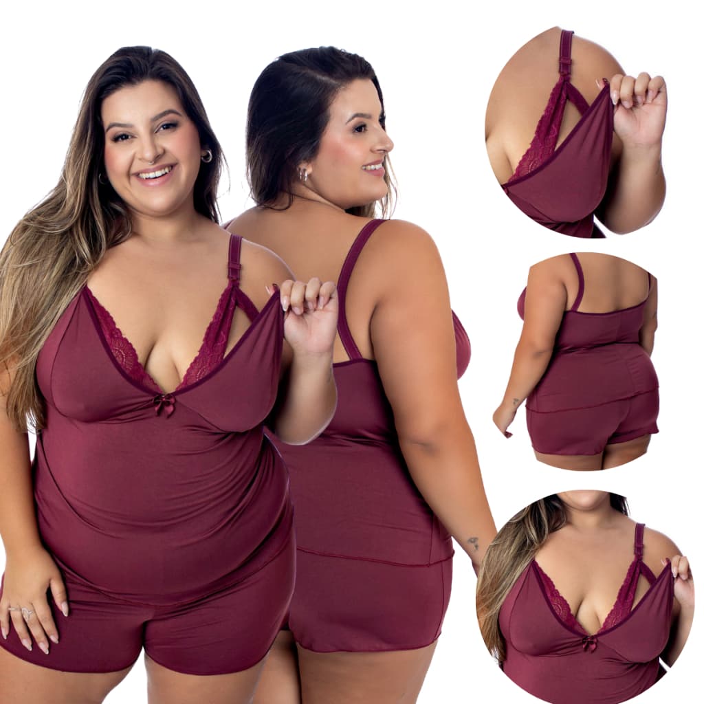 Baby Doll Amamentação Plus SizePijama Gestante Maternidade pós parto abre fácil