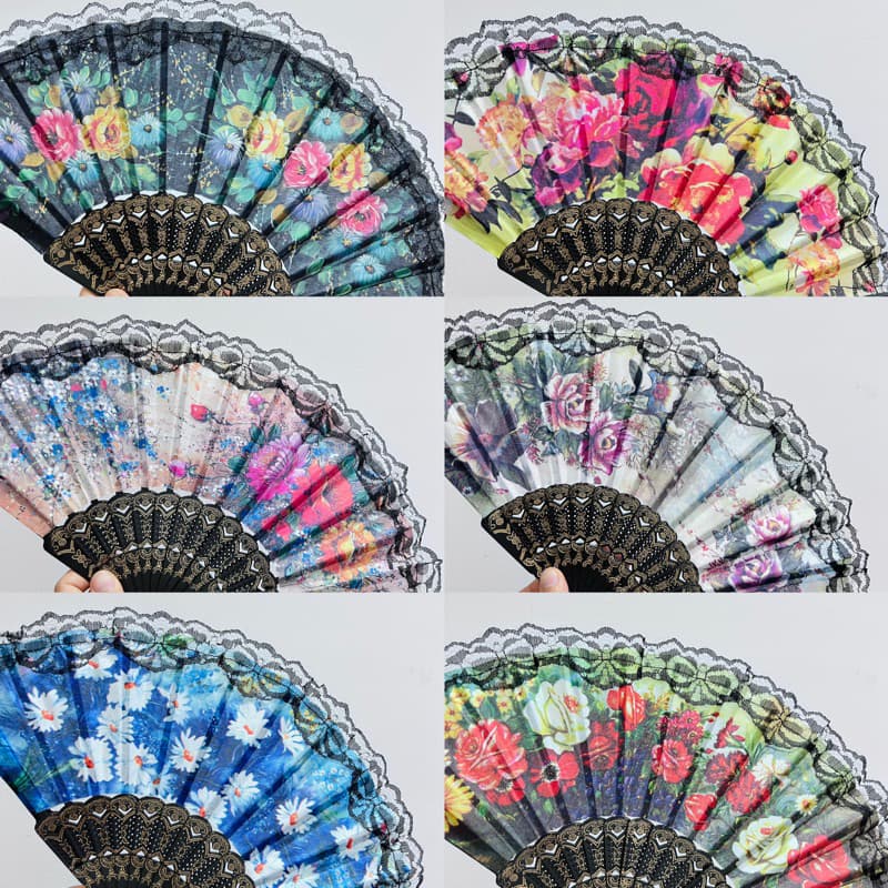 3 Leques de Mão Tradicional Tecido Estampa Florida com Renda Chinês  Feminino