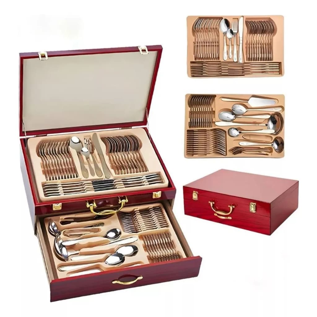 Faqueiro Inox 84 Peças Talheres Banhado Ouro Maleta Madeira Luxuoso Modelos de Filme