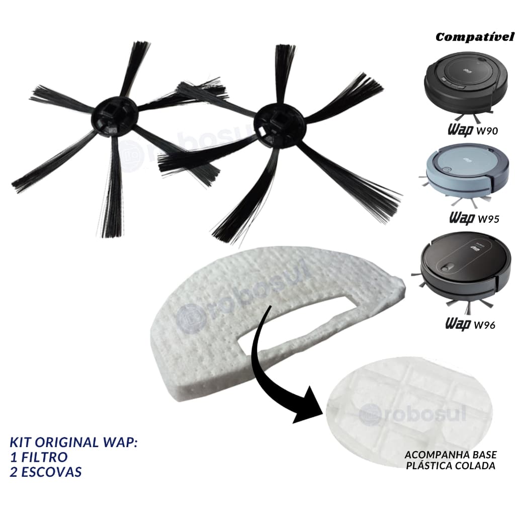 2 Escovas e 1 Filtro Para Robô Aspirador WAP W90 W95 W96