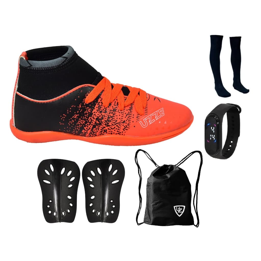 Chuteira Futsal Salão Quadra Botinha Cano Alto Infantil Nova Futebol Meião Relógio Caneleira Mochila