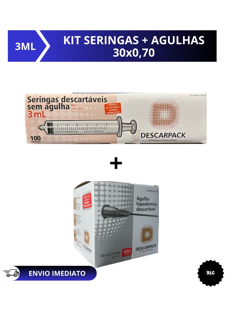 kit 100 Seringas 3ml Bico Luer lock Descarpack mais 100 Agulhas 30x0,7 Descartável