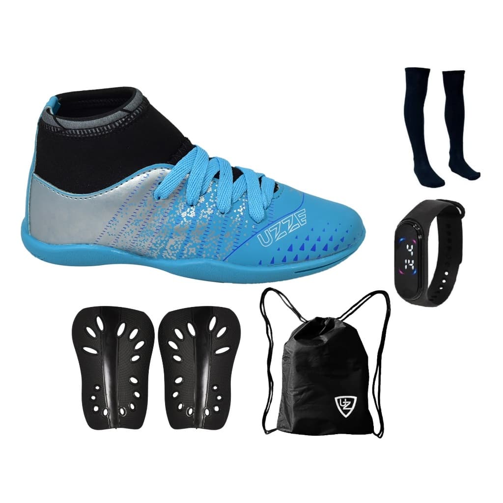 Chuteira Futsal Salão Quadra Botinha Cano Alto Infantil Nova Futebol Meião Caneleira Relógio Mochila