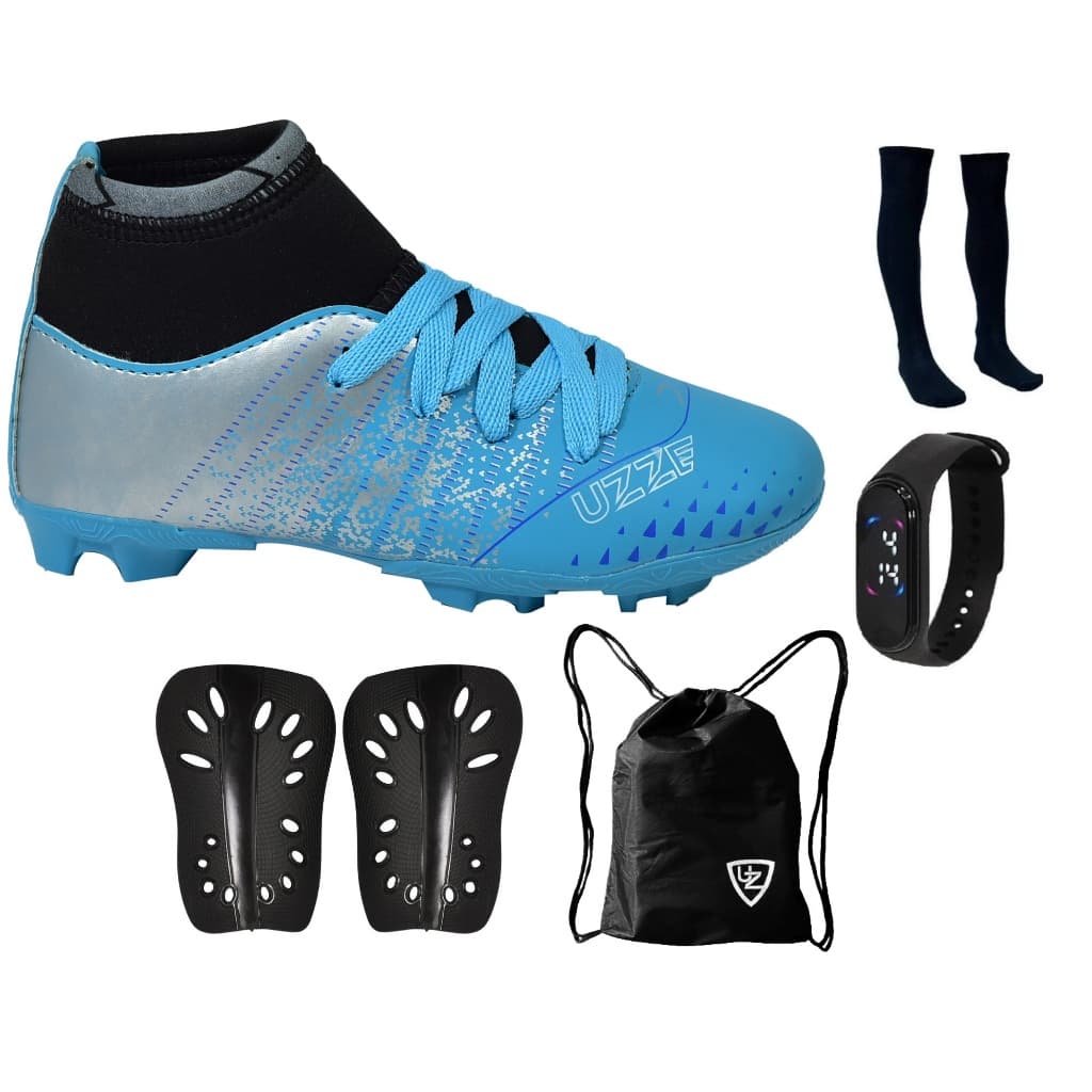 Chuteira Campo Botinha Cano Alto Infantil Nova Futebol Meião Caneleira Relógio Mochila Uzze