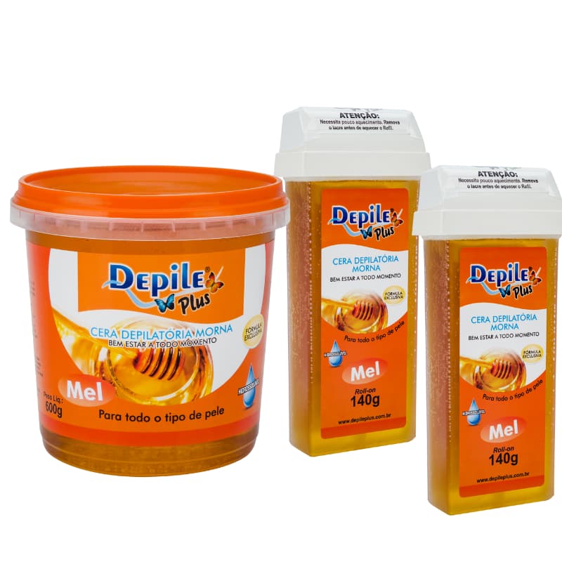 Kit 1 Cera Hidrossolúvel Pote 600g + 2 Ceras Roll-on 140g cada Depile Plus