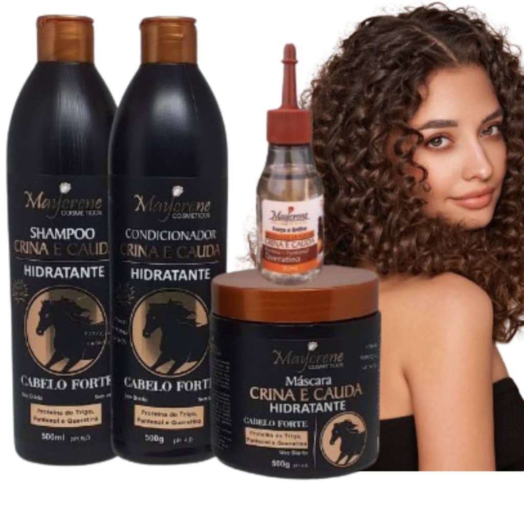 Kit Crina e Cauda Maycrene (Shampoo + Condicionador + Máscara e Reparador 30ml) a Pronta Entrega