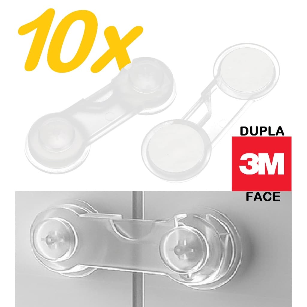 10 Trava Porta Gaveta Geladeira Transparente Segurança Bebê - Fita 3M