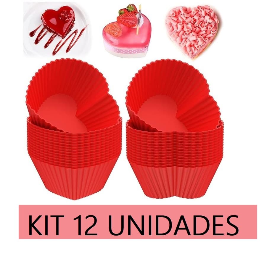 Kit 12 Formas Coração 7x4.5x3.5cm Silicone Mini Bolos Cupcake Pudim Gelatina Multicolorido Utensilio De Cozinha Multiuso