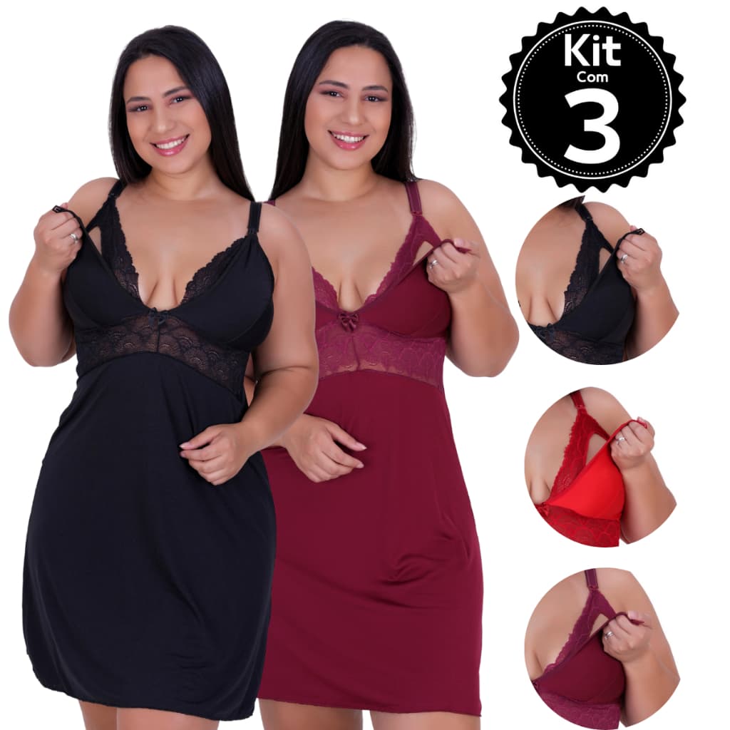Kit 3 Camisola Amamentação Plus Size Pijama Gestante Maternidade pós parto abre fácil