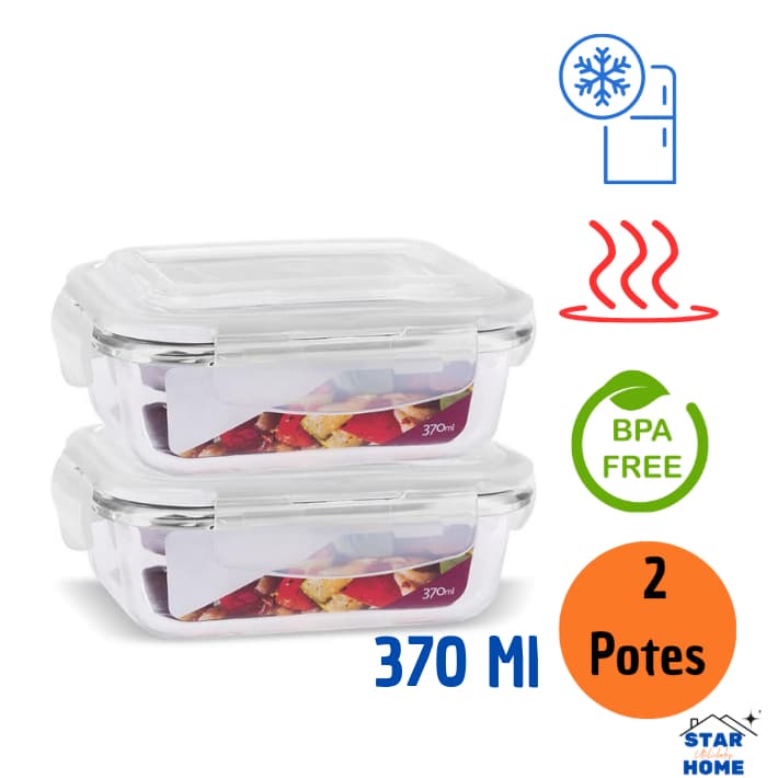 Kit 2 Potes de Vidro 370 ml Hermético Marmita Fit com Tampa 4 Travas