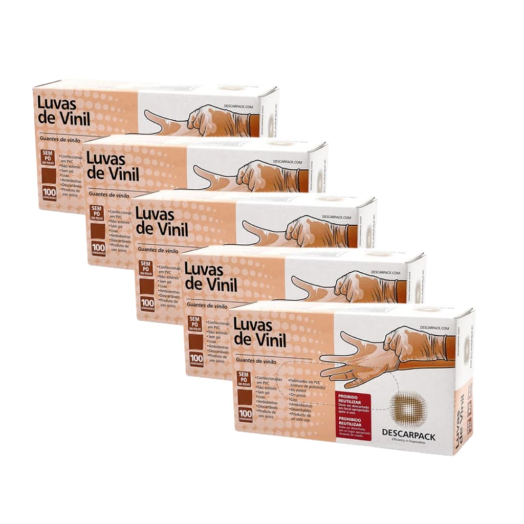 Kit com 5 Luva de Vinil Sem Pó Atóxica 100un