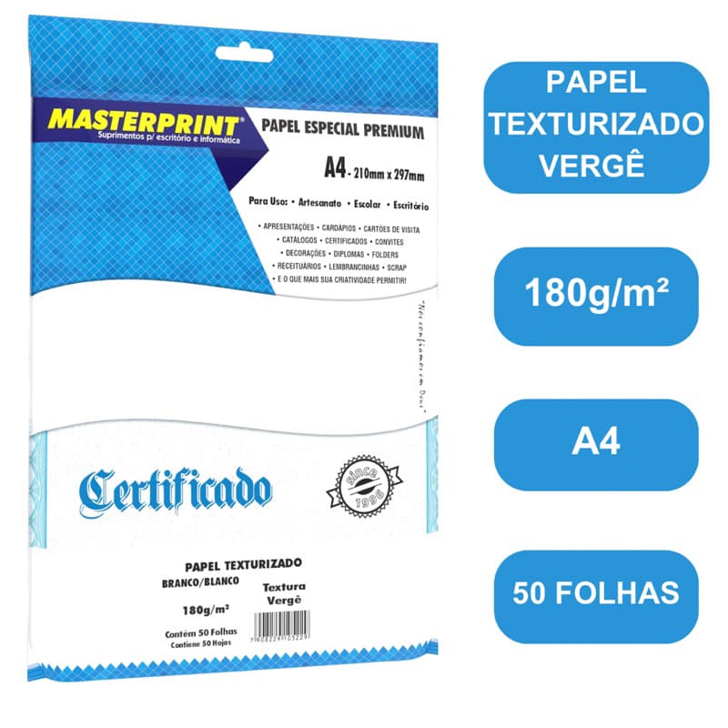 Papel  Vergê Texturizado Branco 180g  A4 Pacote c/50fls Masterprint Papel Premium