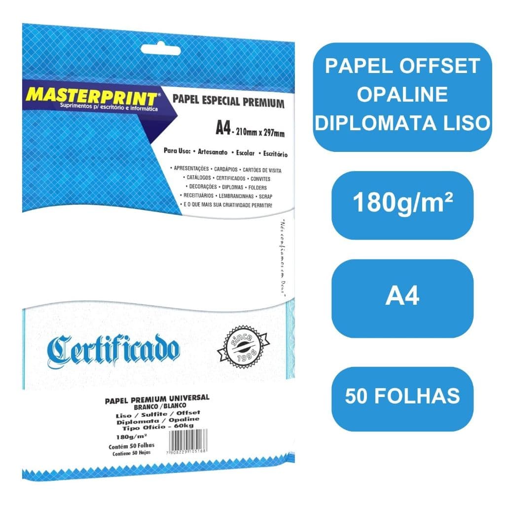 Papel Cartão  A4 Sulfite Offset Opaline Liso Diplomata 180g  Masterprint